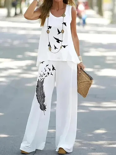 Vista 2 de TIAFORD Trajes de 2 piezas para mujer, verano 2023, floral, casual, sin mangas, camiseta sin mangas, cintura elástica, pantalones largos, traje