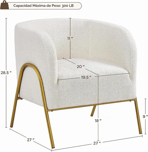 Vista 2 de Yaheetech - Silla decorativa moderna, con patas doradas, color marfil Boucle Fabric Vanity Chair, Cozy Fuzzy Armchair for Living Room Makeup Room
