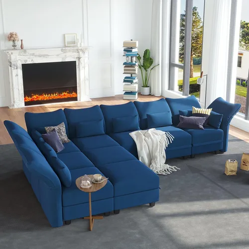 Vista 16 de LLappuil Sofá modular de terciopelo en forma de L con almacenamiento, sofá moderno de 5 plazas de 127.8 pulgadas con diván, sofás reclinables de Azul