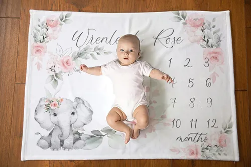 Vista 8 de NAZENTI Manta de bebé – Manta personalizada de elefante niña, manta personalizada de hojas de pampa, manta del mes del bebé, regalo para recién