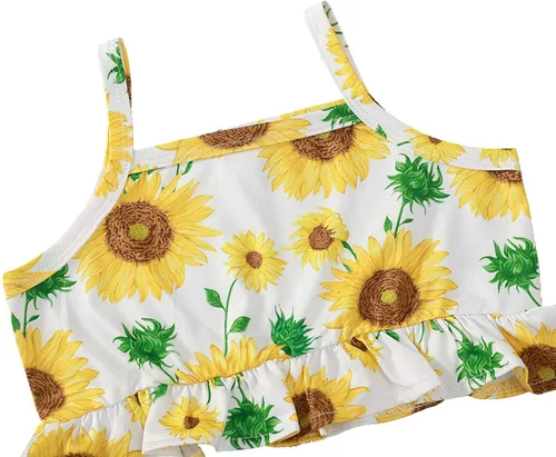 Vista 3 de Conjunto de traje de verano de 2 piezas con estampado de girasol, parte superior corta con volantes y pantalones cortos de cintura elástica