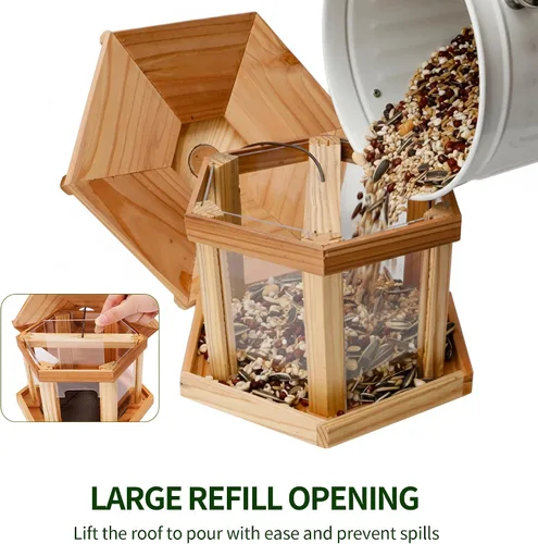 Vista 5 de Solution4Patio - Comedero para pájaros para exteriores, comedero tipo gazebo hexagonal de cedro de Estados Unidos con bandeja de malla ventilada