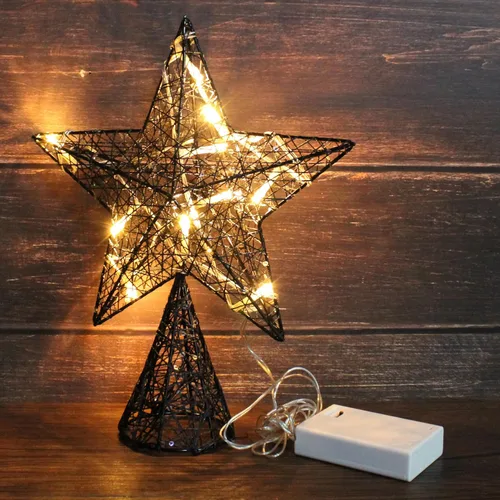 Vista 3 de CVHOMEDECO. Estrella Negra para la Copa del Árbol con Luces LED Blanco Cálido y Temporizador para Adornos de Remate de Árbol de Navidad y Decoración