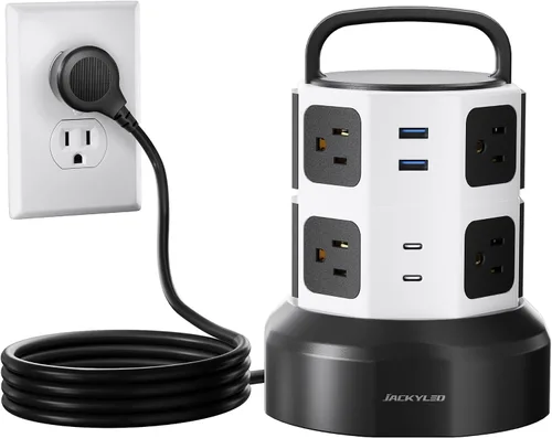 Vista 14 de Regleta de alimentación con protector de sobretensión de torre, JACKYLED 16 tomas 6 USB (2 USB C) estación de carga, cable de extensión con Negro