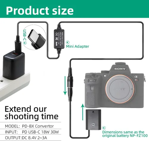 Vista 6 de NP-FZ100 Acoplador de CC de batería ficticia Cable USB-C PD Kit de adaptador de repuesto AC-FZ100 AC adaptador de corriente para cámaras Sony Alpha