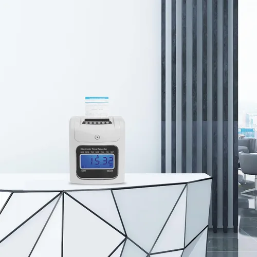Vista 3 de Reloj de cálculo de tiempo, grabadora de tiempo electrónica, Punch Pak, máquina de entrada y salida para empleados, incluye 50 tarjetas de tiempo