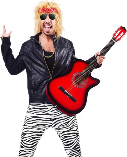 Vista 7 de Mepase 7 piezas de disfraces de los años 80 para hombre, disfraz de rock, pantalones rockeros, peluca, guantes, collar dorado, pulsera, lentes