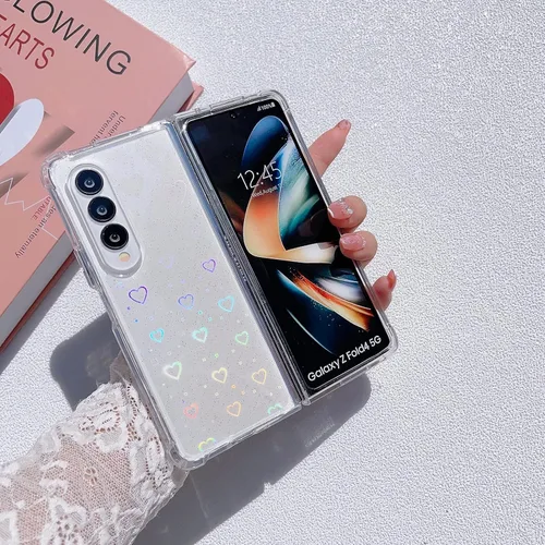 Vista 4 de Funda para Galaxy Z Fold 5, funda protectora de silicona con purpurina láser transparente holográfica con patrón de corazón de amor, delgada, a