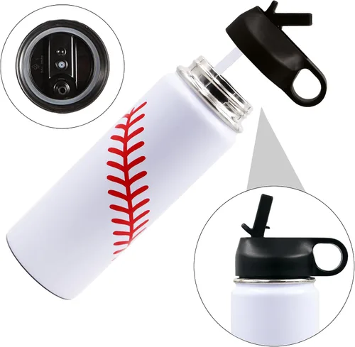 Vista 6 de Botella de agua de béisbol de 18 onzas, botella deportiva de boca ancha, vaso de viaje de metal con 2 tapas, botellas de agua aisladas al vacío