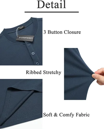 Vista 24 de COOFANDY Camisas Henley de manga larga para hombre, camisetas elásticas acanaladas, camisetas básicas casuales de moda