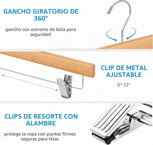 Vista 5 de ZOBER Perchas de madera para pantalones con clips, perchas para ropa Natural - Paquete de 10