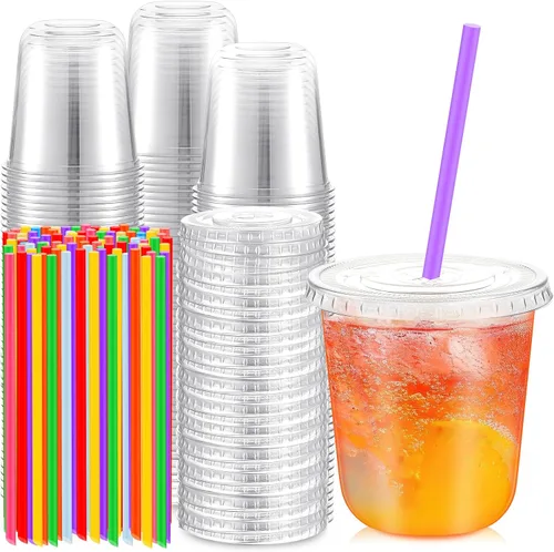 Vista 15 de Ziliny - Paquete de 50 vasos de plástico de 12 onzas con tapas, pajitas