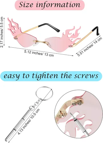 Vista 2 de 3 pares de gafas de sol de llama de fuego de Halloween sin montura de llama gafas de sol estrechas con destornillador para mujeres y hombres