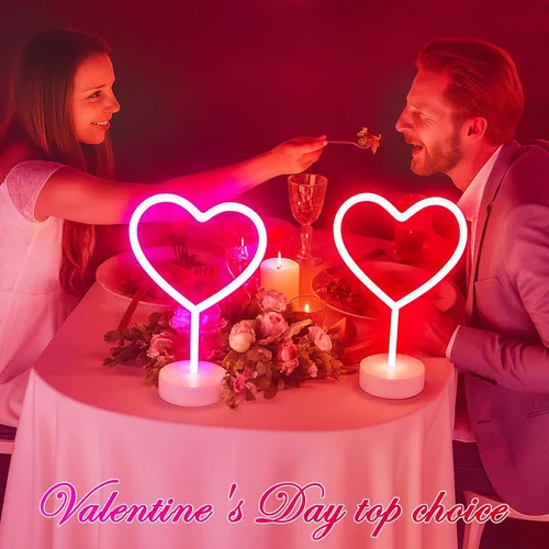 Vista 2 de BHCLIGHT 1PK Letrero de Corazón de Neón Rosa & 1PK Letrero de Corazón de Neón Rojo, Luz de Neón LED para el Día de San Valentín Alimentada por