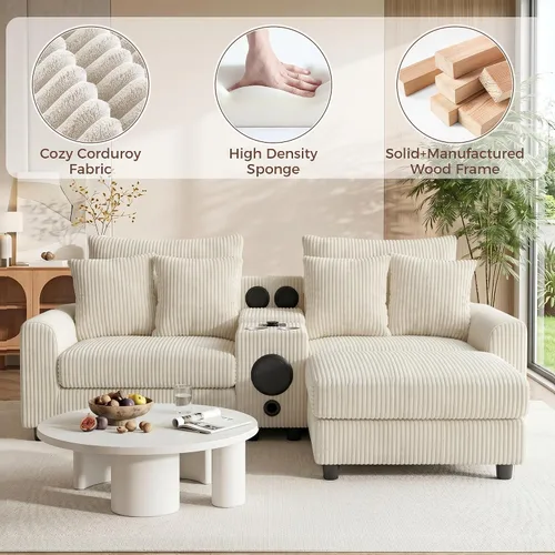 Vista 3 de MAKIAAP Sofá modular de pana de 83 pulgadas con altavoces, cómodo sofá biplaza de asiento profundo con otomana móvil, consola, cargador USB, Beige