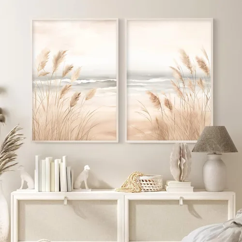 Vista 2 de BACKYMRJCART Arte de pared de paisaje de playa, naturaleza, paisaje marino, imagen de playa, bohemio, impresiones costeras, lienzo botánico, beige