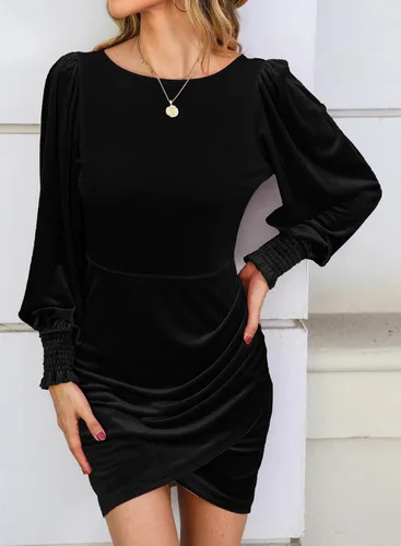 Vista 4 de YIJIU Vestido de terciopelo de manga larga para mujer, cuello redondo, ajustado, corto, fruncido, entallado, para cóctel, fiesta, club, mini vestidos