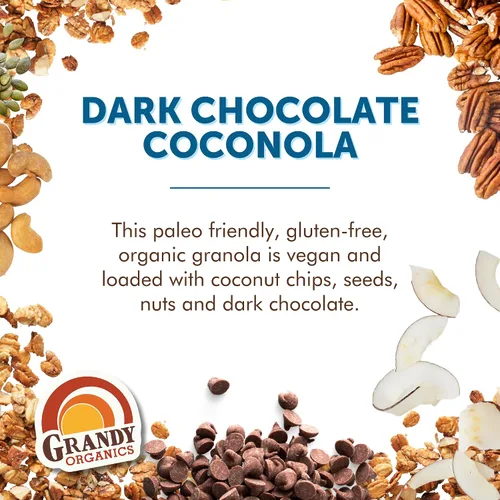 Vista 3 de Grandy Organics Chocolate oscuro y coconola - Granola orgánica certificada sin cereales - 0.27 oz de proteína - Sin gluten, sin OMG, vegano y paleo