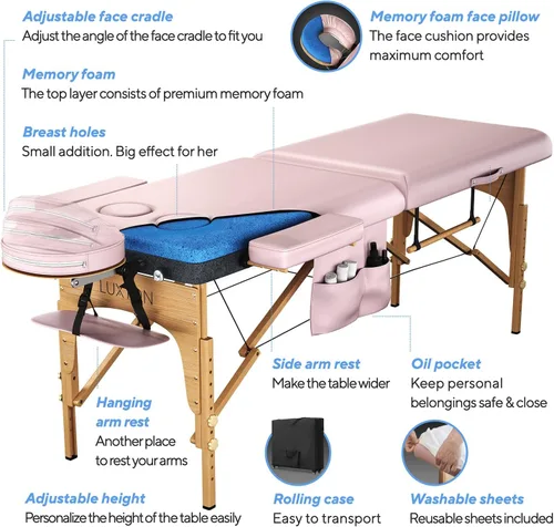 Vista 4 de Mesa de masaje de espuma viscoelástica prémium para mujer con agujeros para el pecho personalizados y sábanas personalizadas, estuche de viaje