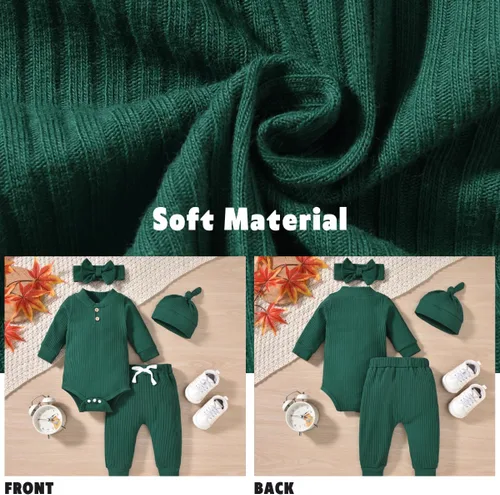 Vista 5 de Aalizzwell Traje acanalado de manga larga neutral para bebé con sombrero y diadema