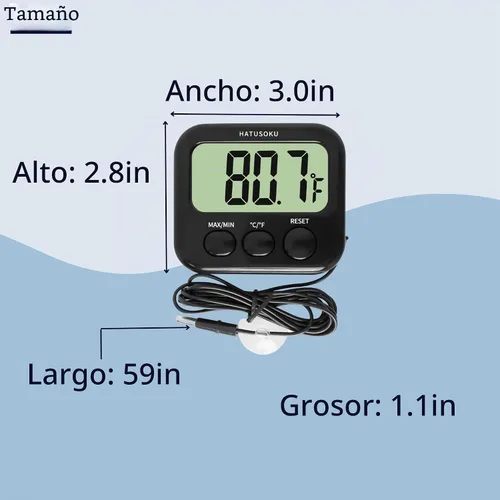 Vista 4 de Termómetro digital HATUSOKU con sensor externo, imán, ventosa, termómetro de agua, para acuario, refrigerador, congelador (negro)