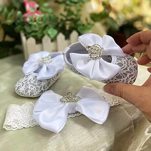 Vista 4 de Zapatos de bebé hechos a mano con diamantes brillantes con diadema, zapatos de cristal para recién nacidos, zapatos de perlas, zapatos