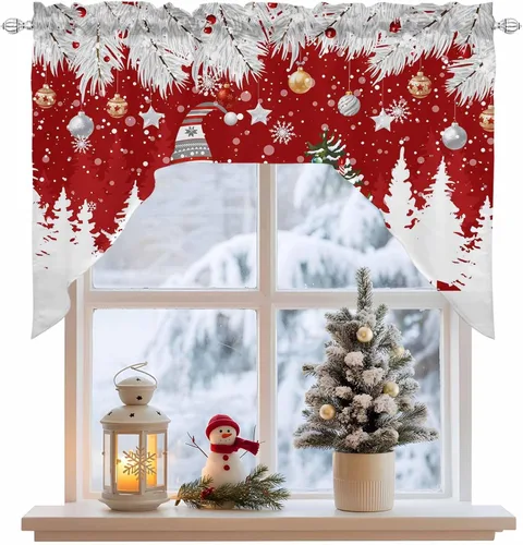 Vista 9 de Juego de cortinas de cocina con cenefa de Navidad de invierno, 3 piezas con bolsillo para barra, cortinas para dormitorio, sala de estar, baño