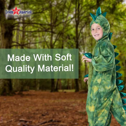 Vista 6 de Dress Up America Disfraz de T-Rex para niños, overol de dinosaurio verde con capucha y cola, tallas para niños pequeños y jóvenes para Halloween