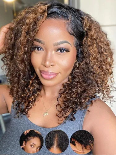 Vista 27 de KLAIYI Bye Bye Slip™ - Pelucas de cabello humano con encaje frontal 7x5, color marrón castaño degradado, rizado, sin pegamento, precortadas de 7 x
