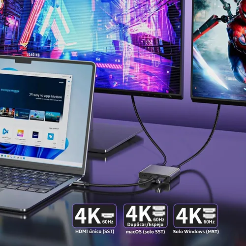 Vista 4 de Adaptador USB C a HDMI dual Divisor HDMI de 4K a 60Hz Pantalla extendida para monitores duales, adaptador multimonitor con USB y PD de 100 W