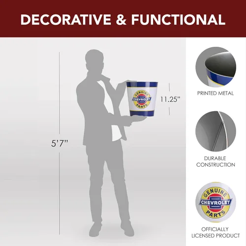 Vista 5 de American Art Decor Cubo de basura de metal, cesta de basura con licencia Chevrolet, pequeño cubo de basura decorativo para cueva de hombre, cocina