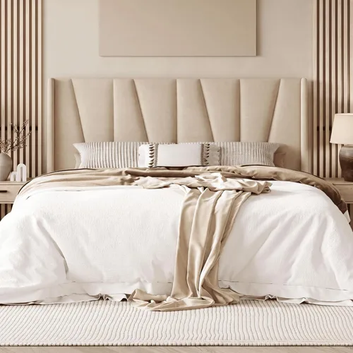 Vista 12 de Allewie Base de cama de plataforma tamaño Queen con cabecera geométrica con respaldo de alas, cama tapizada bohemia con soporte de listones de Beige