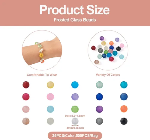 Vista 3 de Craftdady - 500 piezas de cuentas de vidrio redondas de 4 mm esmeriladas transparentes con cristal mate. Cuentas de vidrio esféricas pequeñas y 20