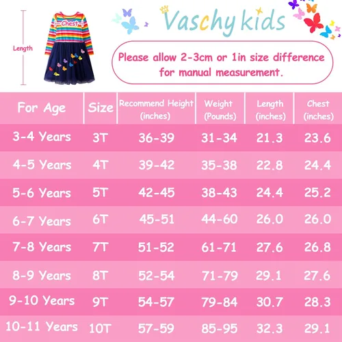 Vista 6 de VASCHY Lindo traje casual de manga larga para niñas de otoño y primavera, talla 3-10T
