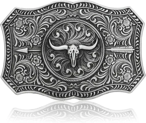 Vista 8 de RechicGu Hebilla de cinturón ovalada de calavera de toro de cuerno largo, cuentas de madera turquesa nativa americana, hebillas de vaquero