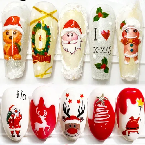 Vista 9 de 10 calcomanías de uñas de Navidad de invierno para mujeres, dibujos animados 3D, alce, muñeco de nieve, campanas de Papá Noel, copo de nieve