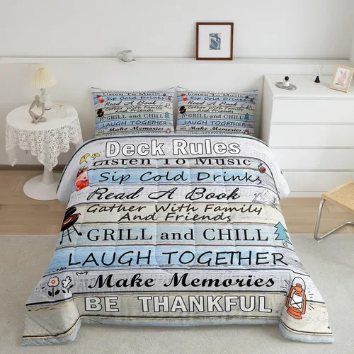 Vista 26 de Juego de ropa de cama con temática de cámper, juego de edredón de cabaña de madera marrón y verde, tamaño matrimonial, 3 piezas, decoración de Multi