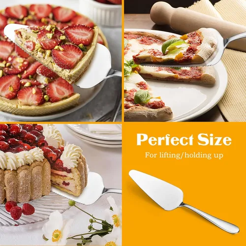 Vista 6 de E-far Servidor de pastel de 5 piezas, cortador de espátula de acero inoxidable para pasteles y queso pizza, borde dentado con mango ovalado, pulido