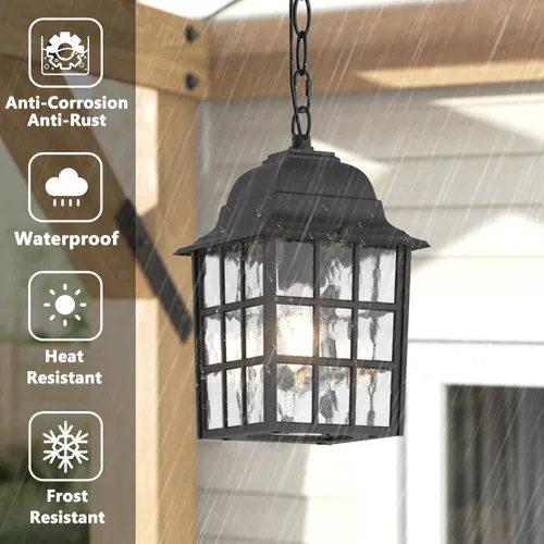 Vista 3 de Lámpara colgante al aire libre, linterna colgante de techo exterior para porche con vidrio de agua, luz de linterna colgante al aire libre, lámpara