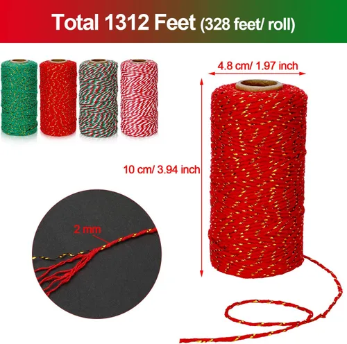 Vista 2 de Boao Cordeles de algodón para envolver Navidad, 4 rollos de 1312 pies, cuerda de algodón para Navidad, manualidades, regalo, panaderos, cuerda