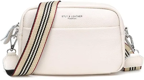 Vista 8 de Bolso cruzado para mujer de cuero genuino con correa ancha, bolso de hombro, bolso de mano, diseño moderno, bolso cruzado para cámara, cierre