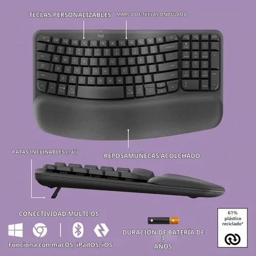 Vista 6 de Logitech Wave Keys - Teclado ergonómico inalámbrico con reposamanos acolchado para múltiples sistemas operativos + mouse Lift ergonómico vertical