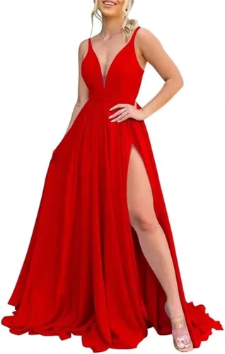 Vista 17 de Vestidos largos de dama de honor para mujer, con abertura, cuello en V, vestido de fiesta formal para boda
