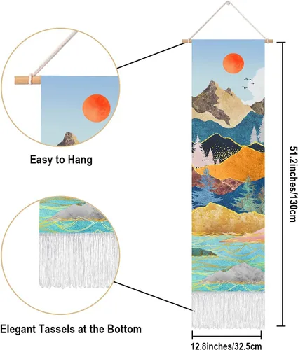 Vista 5 de RosieLily Tapiz de arte de pared, tapiz de naturaleza de montaña azul, 13 pulgadas de ancho x 51 pulgadas de alto, para decoración de pared