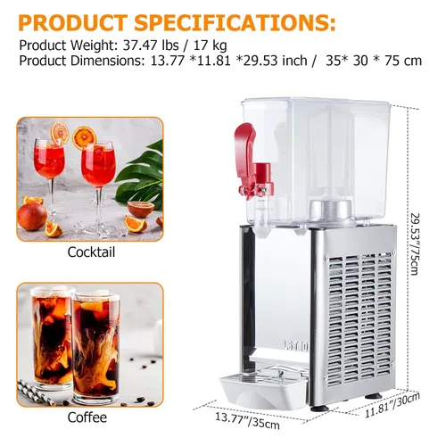 Vista 5 de Towallmark 1 Tanks Dispensador de jugo comercial de 2.64 galones de 10 litros, 10 litros por tanque, dispensador de bebidas de té helado de acero