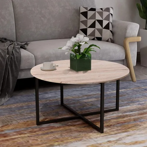Vista 12 de HOMERECOMMEND - Mesa de centro redonda para sala de estar, color negro y gris Accent Center Table for Living Room Tea Desk with Black Metal Legs
