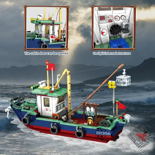 Vista 3 de Juego de bloques de construcción de barcos de pesca, juego de bloques de construcción de pesca en el mar, juego de juguetes de colección