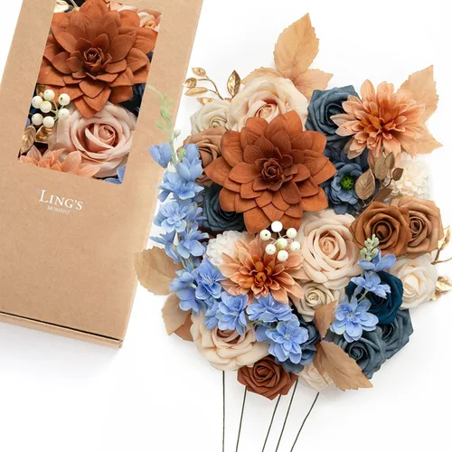 Vista 38 de Ling's moment Caja de Flores Falsas, Tallos de Vegetación Artificial Falsa Rosas de Espuma Dalia Hortensia de Seda Peonía Flor de Tela para Centros
