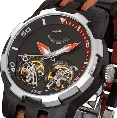 Vista 2 de Wilds Reloj de madera para hombre con esfera transparente de doble ruedas