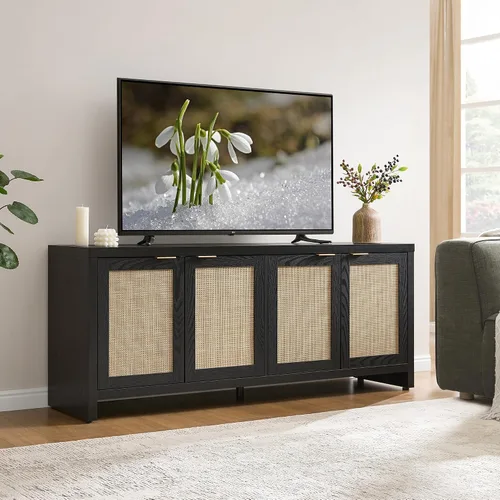 Vista 2 de SICOTAS Soporte de TV para sala de estar, centro de entretenimiento boho para dormitorio con 4 gabinetes de ratán, soporte de televisión de granja